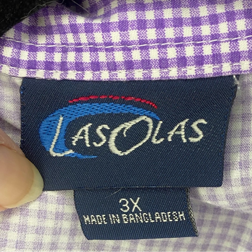 Laso 3XL Purple Check Button Down 3/4 Sleeve w/ Floral Embroidery ~Vintage~ - Picture 5 of 5